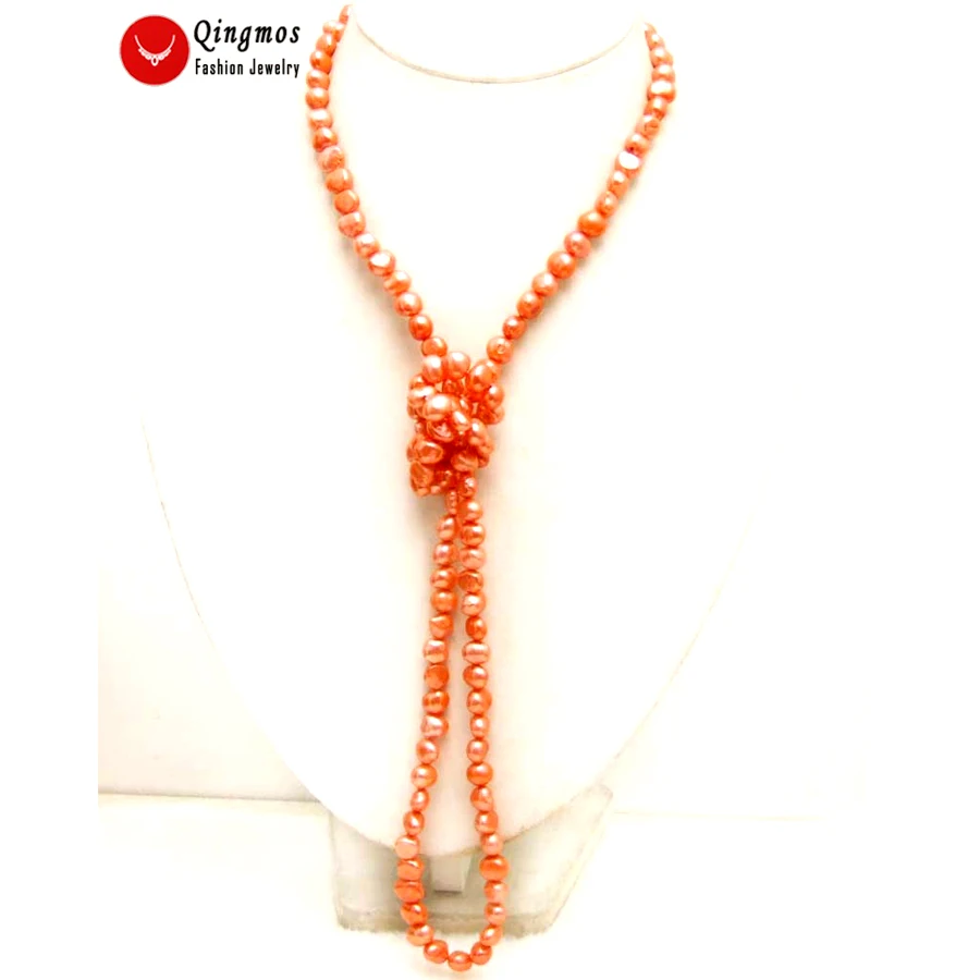 

Qingmos Trendy 40" Natural Pearl Necklace for Women with 8-9mm Red Baroque Freshwater Pearl Long Necklace Fine Jewelry