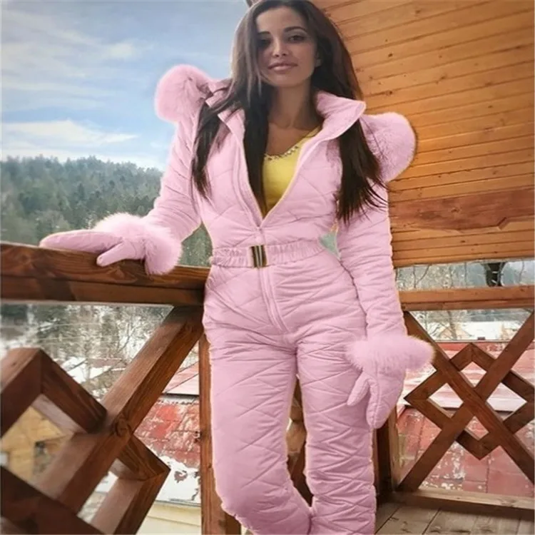 Winter Women One-piece Fur Hooded Ski Suit One-piece Warm Outdoor Sports Clothes Women's Snow Clothes Down Jacket Plus Size 3XL