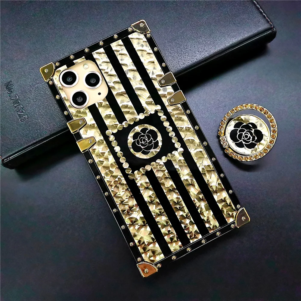 Luxury Brand Rose Flower Glitter Gold Square Case for Motorola Moto G Stylus G Power G Play 2021 Stripe Cover