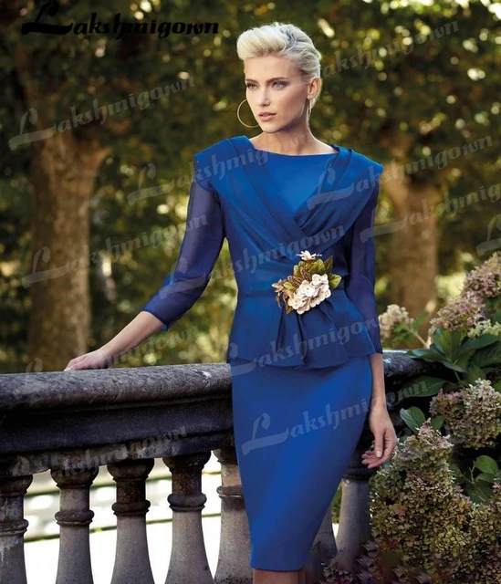 Robe de soiree elegante bleu royal pour mere des patients longueur genou gaine col en V manches longues quoi que ce soit pour fete de mariage