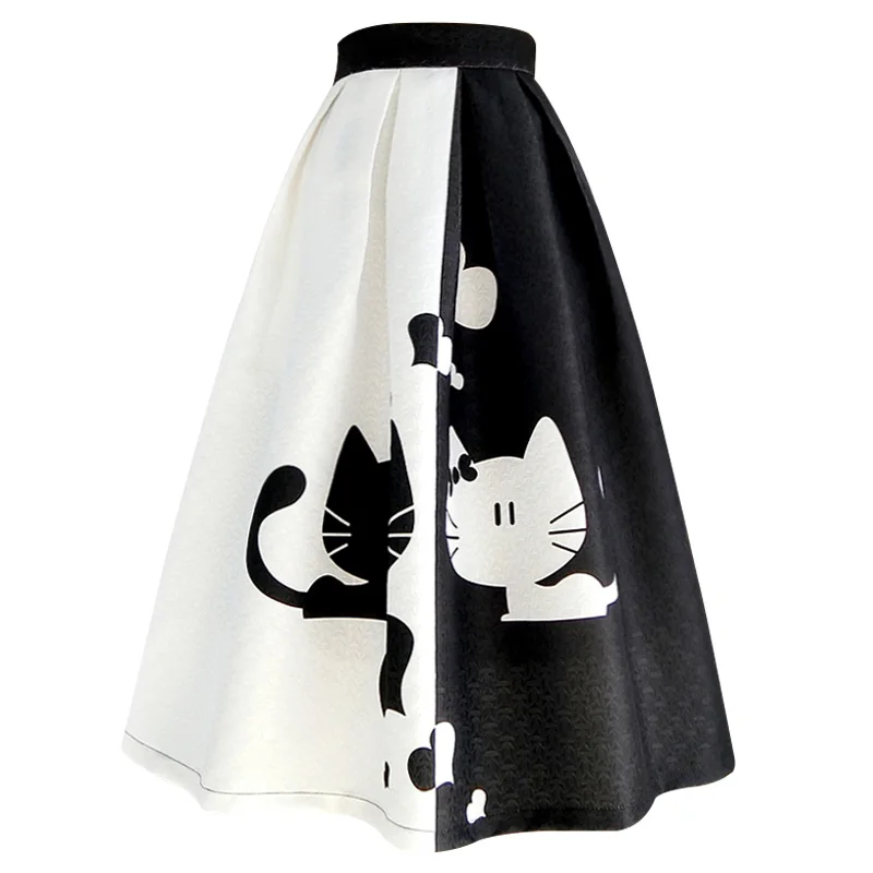 Hit Color spring summer black and white cartoon knee length skirt women high waist Jacquard ball gown skirt