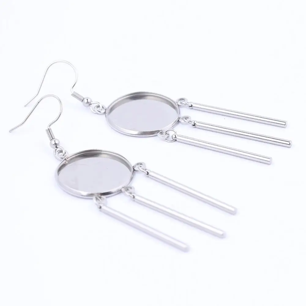 10pcs Stainless Steel Fit 20mm Cabochon Earring Base Blanks With Dangle Bars Charm Diy Jewelry Making Supplies