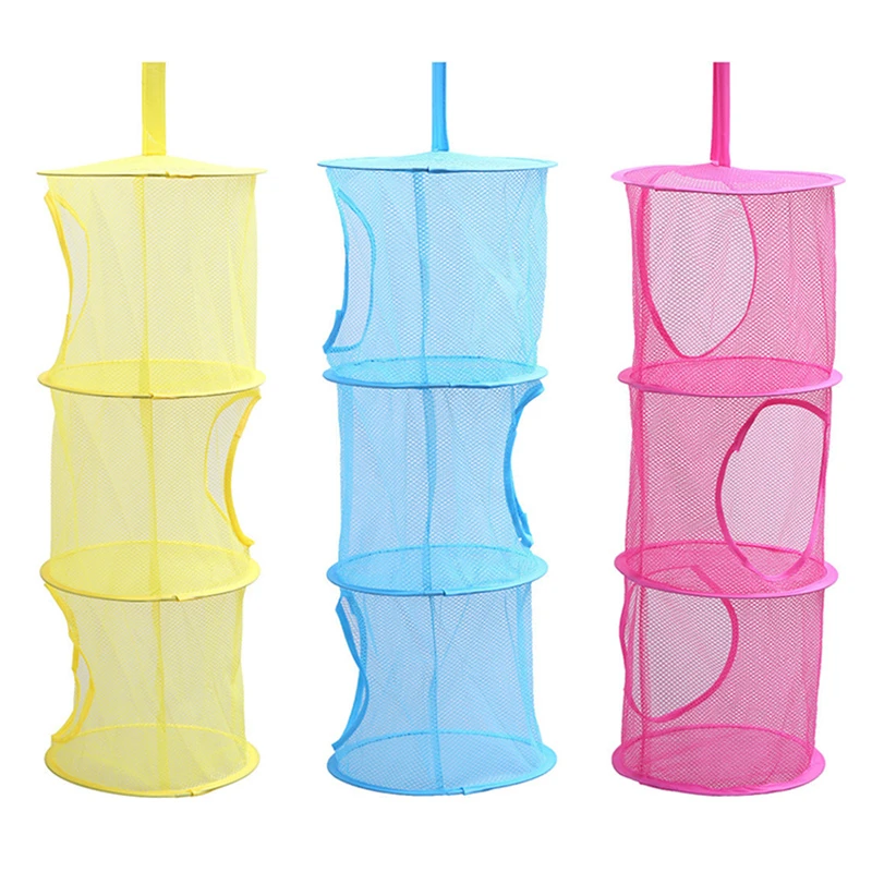 Foldable 3 Shelf Hanging Storage Net Kids Toy Organizer Bag Cylindrical Storage Basket for Home Wall Door Closet Store