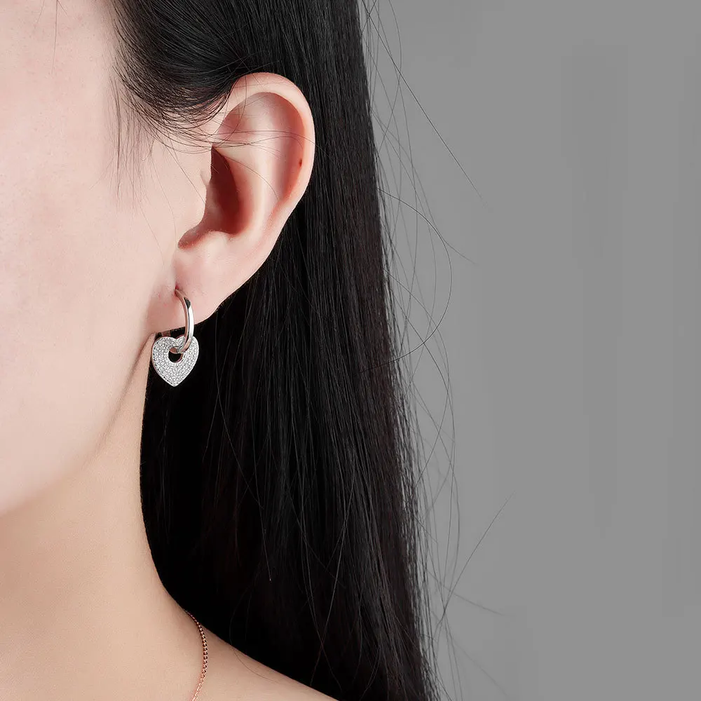 F.I.N.S 925 Sterling Silver CZ Paved Drop Earring Piercing Big Heart Crystal Pave Detachable Pendiente Fashion Fine Jewelry Gift