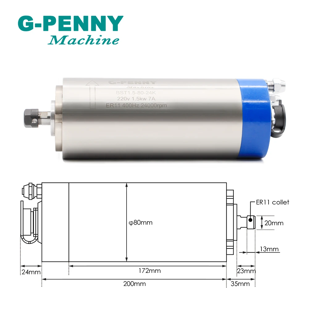 1.5kw ER11 220v/380v Water Cooled Spindle Motor 4 pcs bearings 80*200mm wood working  & 1.5kw HY Inverter VFD  High accuracy