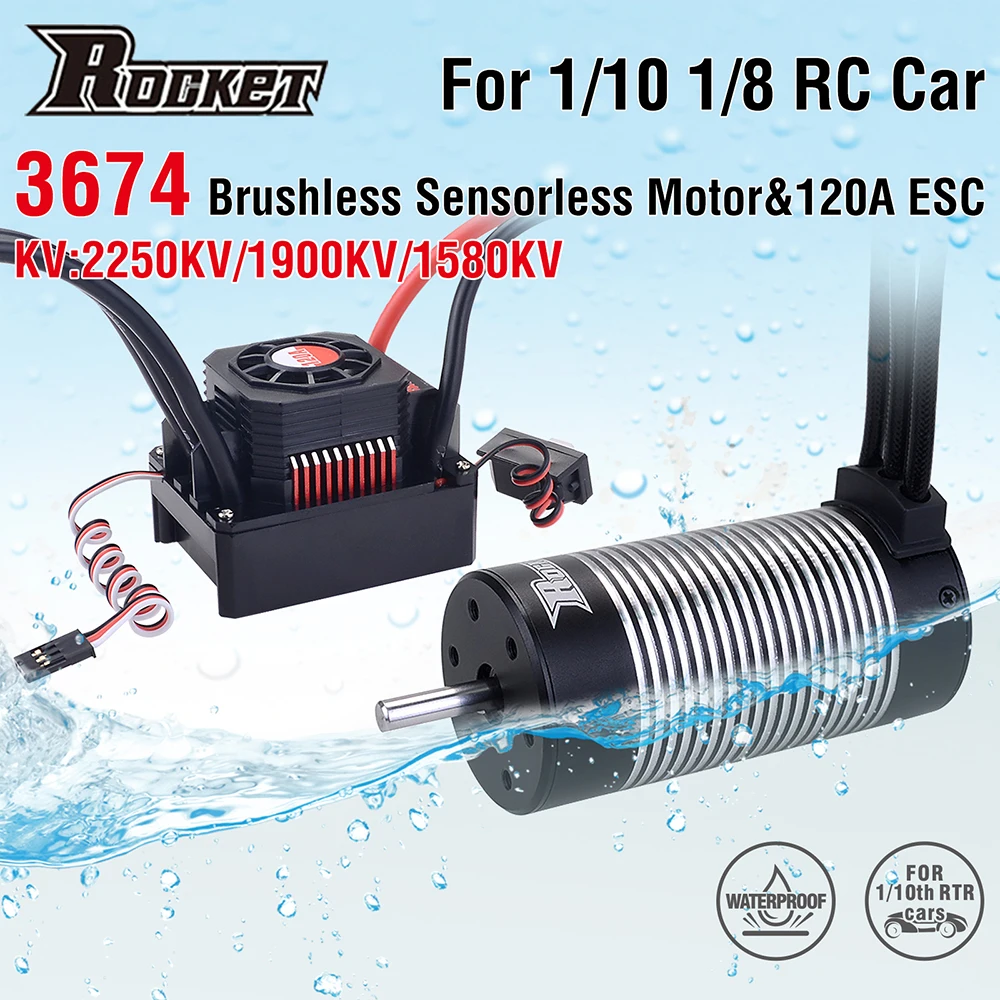 Rocket 3674 Waterproof Brushless Sensorless Motor Parts 2250KV 1900KV 1580KV w/120A ESC for 1/8 1/10 RC Car