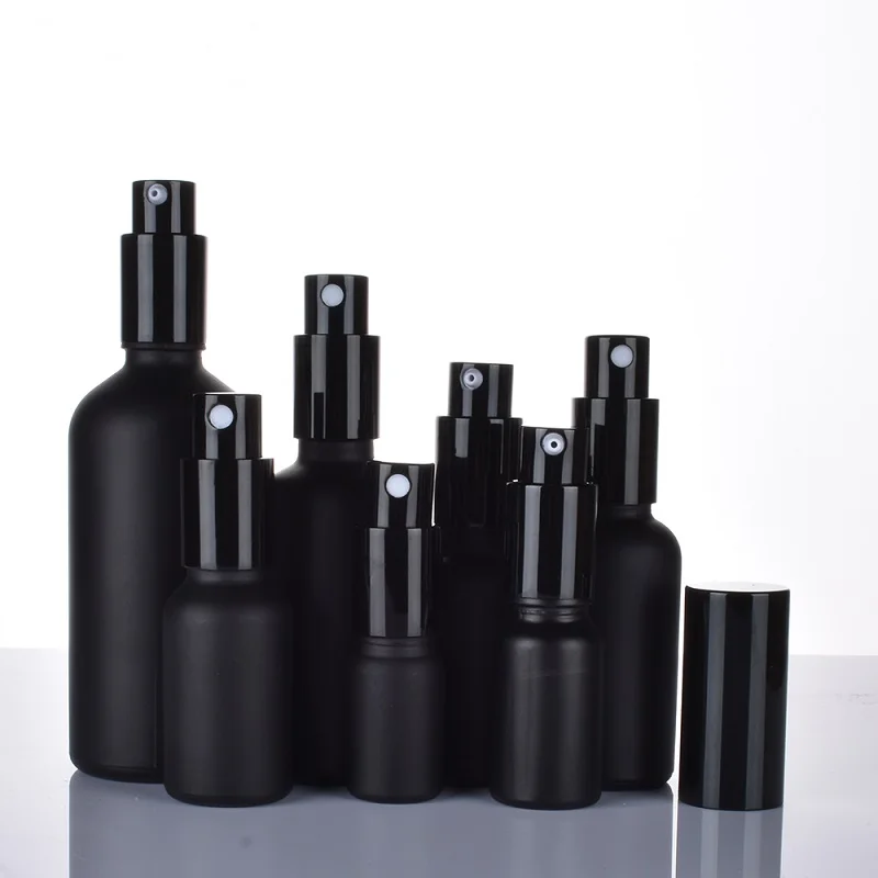 5ML~100ML Glass Mist Spray Pump Bottle Matte Black Lucifugal Cosmetic Containers Empty Emulsion Lotion Bottles With Pump 15pcs