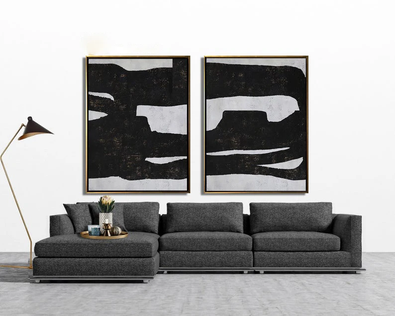 

Large Set Of 2 Painting Set Of 2 Wall Art Set Canvas Painting Hand Painted Abstract Painting Black Art White Brown Painting