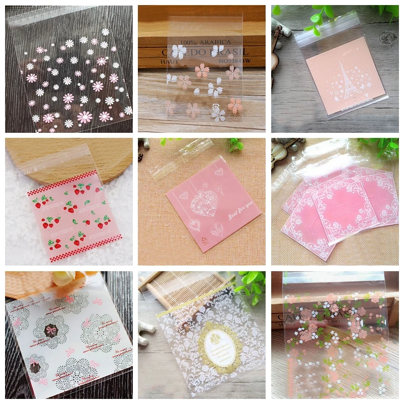 50/100pcs Lovely Heart Plastic Bag Small Self Adhesive Plastic Bag for Package Baking Cake Biscuit Festival Party Supplies 7*7cm