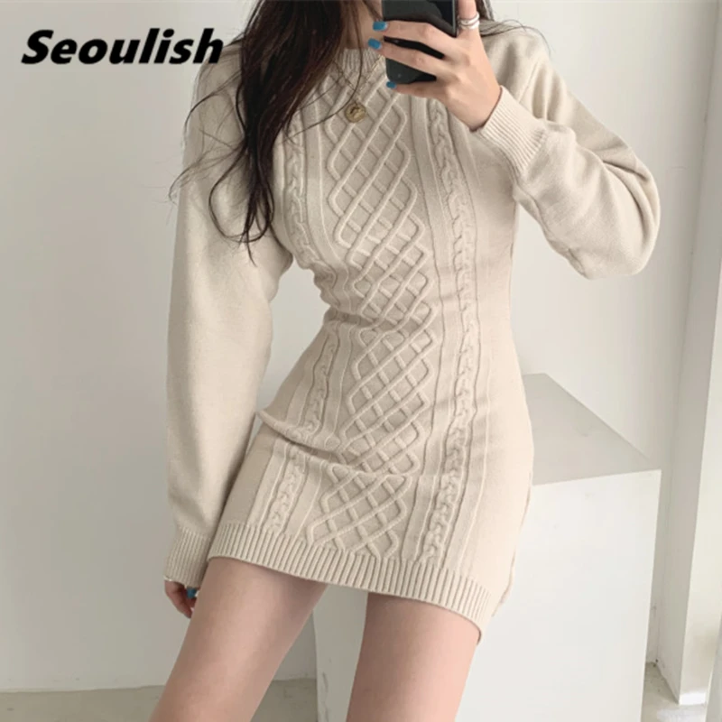 

Seoulish 2021 New Autumn Winter Women's Knitting Wrap Dresses Long Sleeve O-Neck Sheath Pencil Bodycon Sexy Mini Dress Female