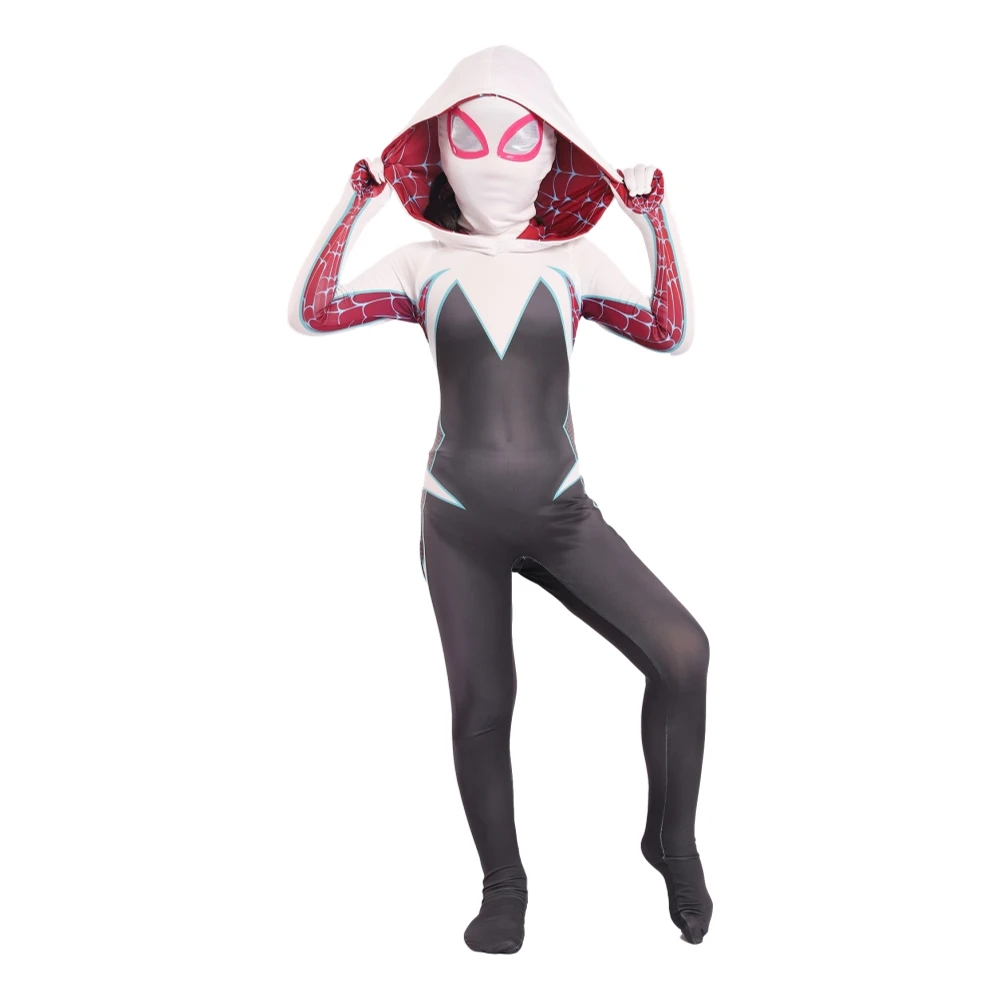 Girls Spider-Gwen Cosplay Costumes Spandex White Black Hoodies with Headgear Costumes Suitable for Halloween 24 Hrs Shipped Out