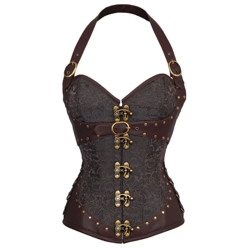 Fashion Lady Steel Bone Corset Gothic Steampunk Buckles Rivet Halter Neck Leather Victorian Rock Cincher Outfit