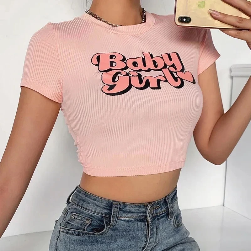 Summer Vintage Knitted Crop Tops Women Biker Punk Letter Print Sexy Tank Top Korean Streetwear Cropped O Neck Top Feminino