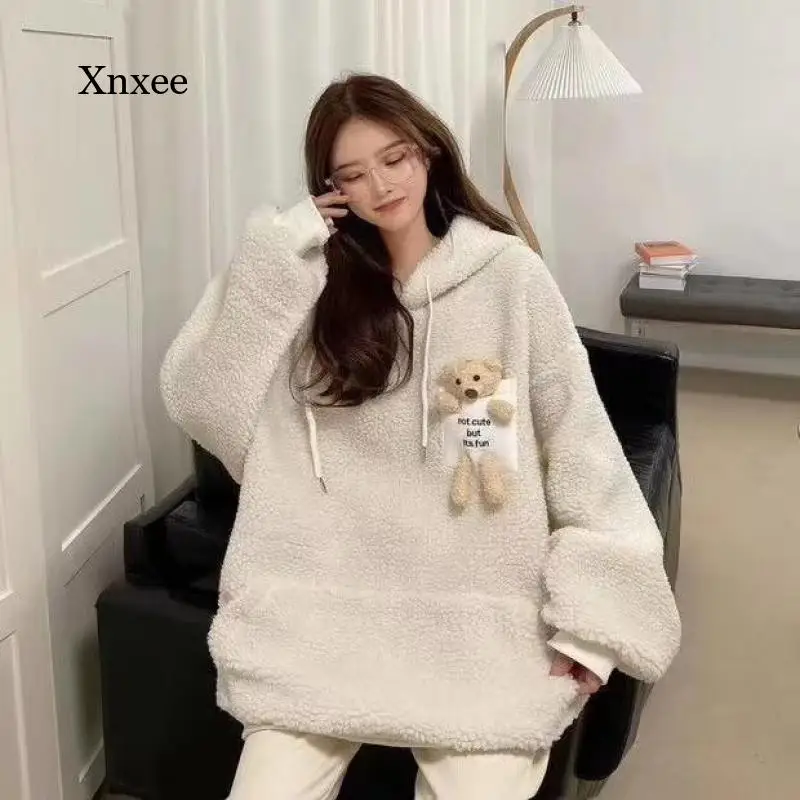 

Autumn Korean Bear Patchwork Hooded Sweater Female Pink Cute Pullover Fashion Fleece Warm Pocket Oversized Long Clothes