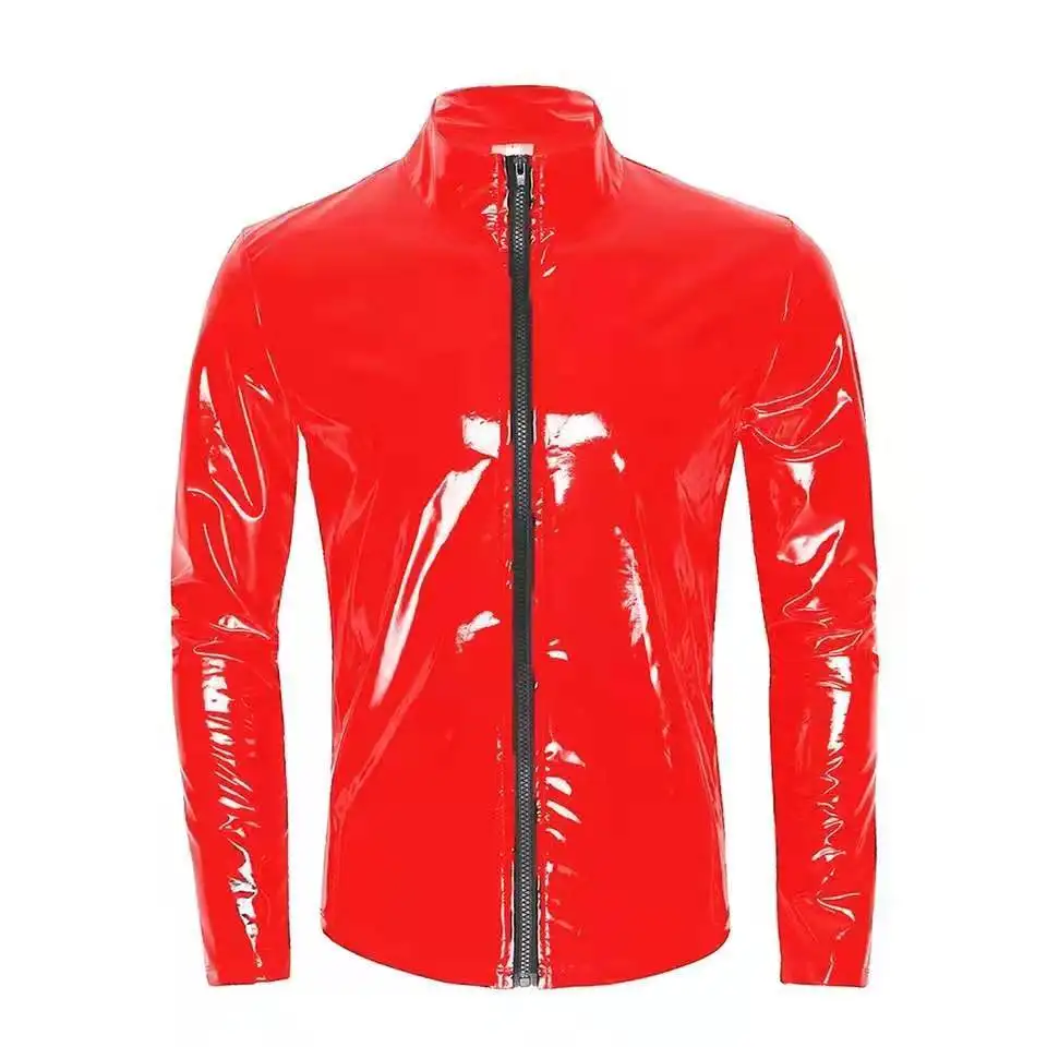 Plus Size Men Sexy Glossy PVC Leather Shirt Erotic Shaping Sheath Latex Casual Coat Male Shiny Metallic Leather Jacket Tops Sexi