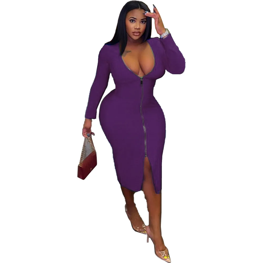 3XL 4XL 5XL Winter Plus Size Dresses Women Solid Color Long Sleeve Slim Sexy Split  Zip Black Outfit Wholesale Dropshipping