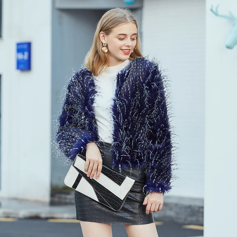 Blue Women Peacock Faux Female Furry Jacket Fall 2023 Winter Shaggy Artificial Fur Coat Abrigo Mujer KJ204