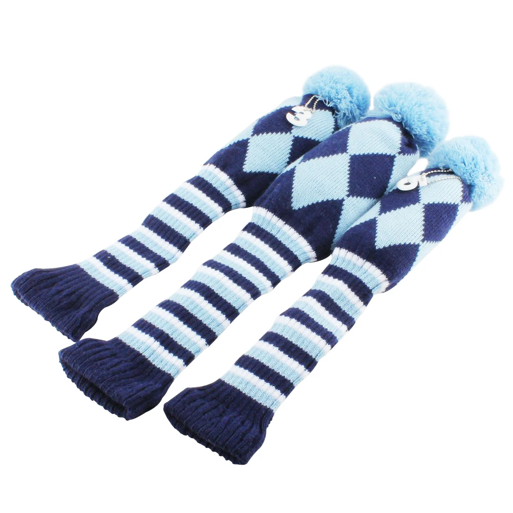 스카이블루 골프채 헤드커버, #1 드라이버 #3 #5 페어웨이 골프 우드 커버, 니트 폼폼 양말 커버, 3 개