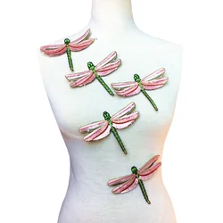 10pc Pink 3D Dragonfly Embroidery Patch Sequin Beaded Patches For Clothing Applique Clothes Parches Bordados Ropa Sew On AC1516