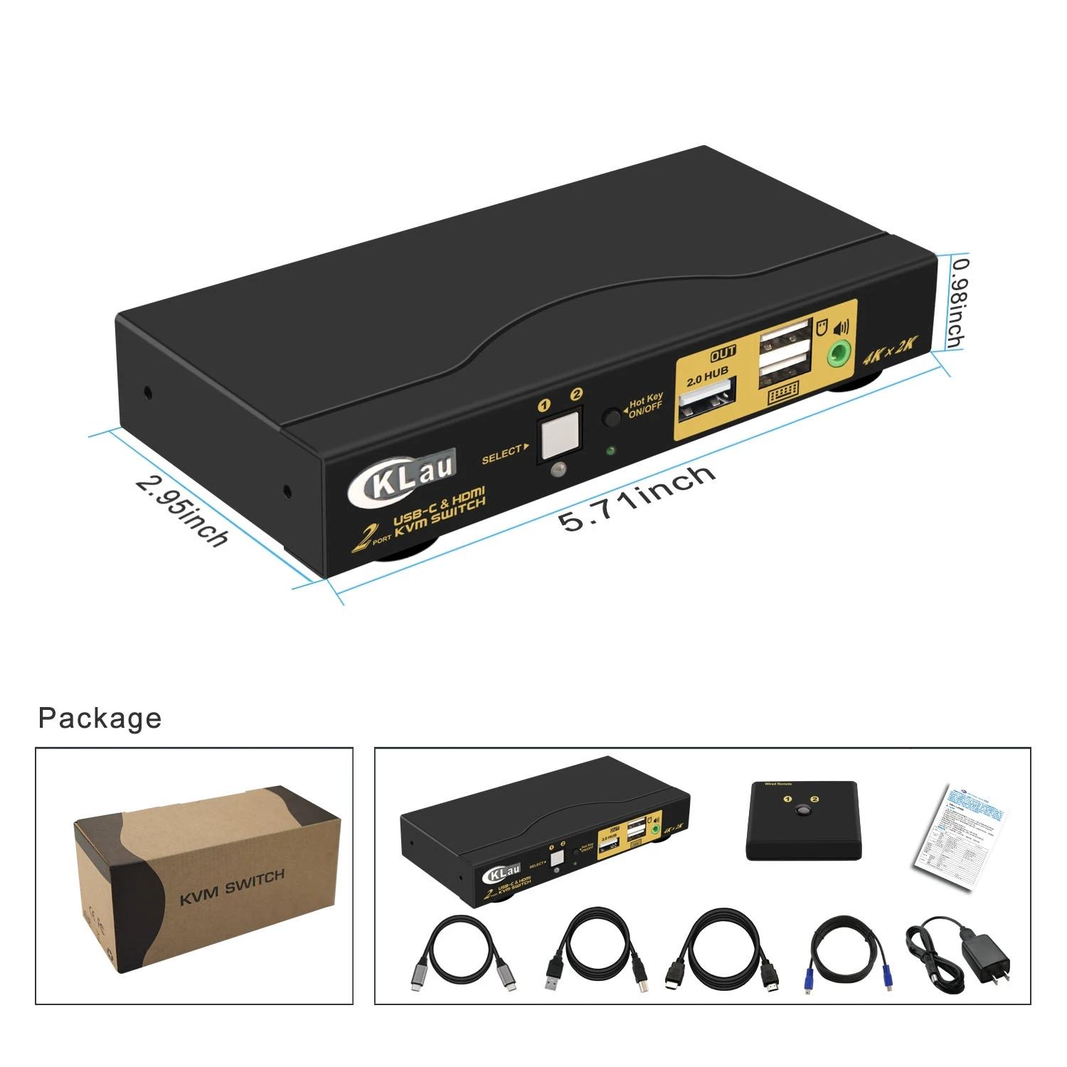 CKLau 2 Port USB Typ-C + HDMI KVM Schalter mit Audio Auflösung Bis zu 4K x 2K @ 60Hz