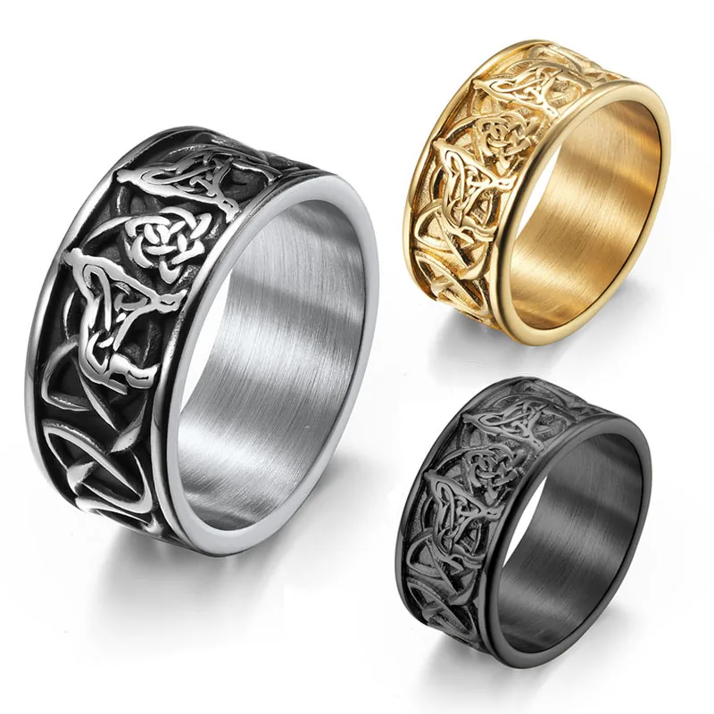 

10mm Stainless Steel Celtic Knot Eternity Wedding Engagement Band Ring for Men Vintage Gold Color Rings Jewelry US Size 7-12