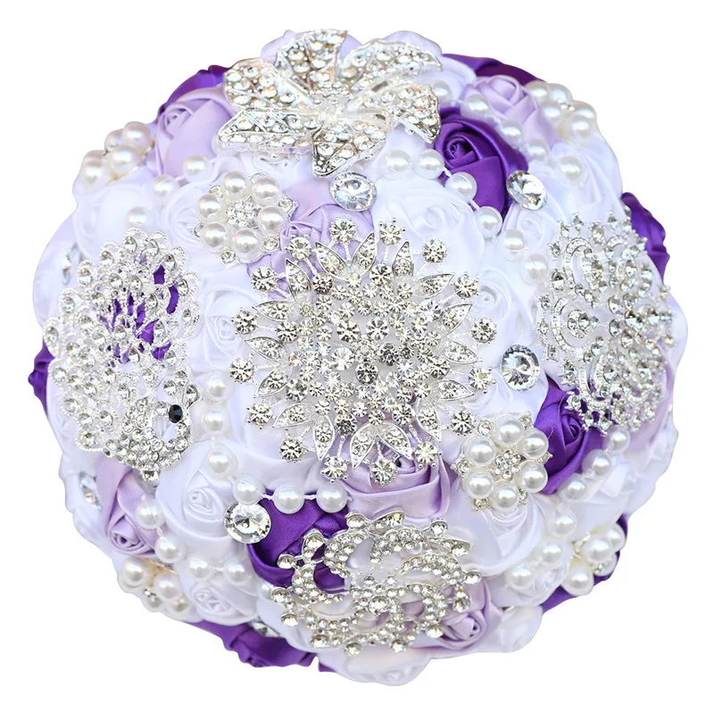 

New Pure Purple Bride Bridesmaid Brooch Bouquet Diy Pearl Rhinestone Satin Rose Bouquet Wedding Party Supplies ZS015