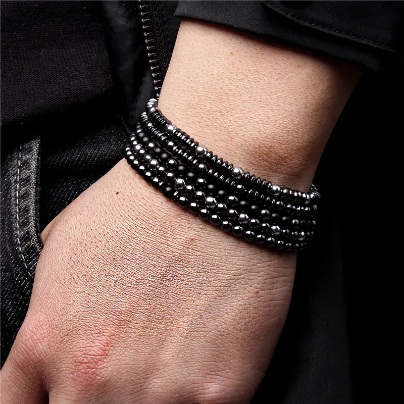 4 mm Natural Hematite Bracelets Men Handmade Stretch Jewelry Slice Black Stone Beads Charm Bangle Women Balance Pulsera Gifts