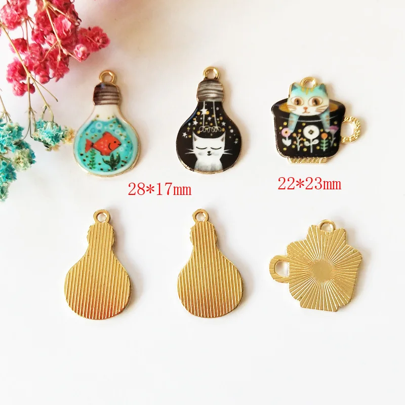 10pcs/pack Light Bulb Cat Cup  Enamel Charms Jewelry Earring Bracelets DIY Pendant Jewelry Making Golden color image 4