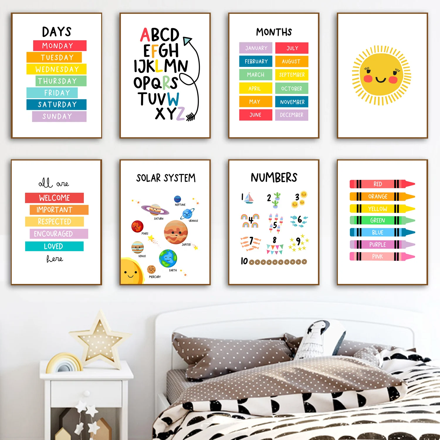 Pädagogisches Poster Alphabet Anzahl Form Farben Kindergarten Wand Kunst Nordic Poster und Drucke Wand Bilder Kids Room Decor