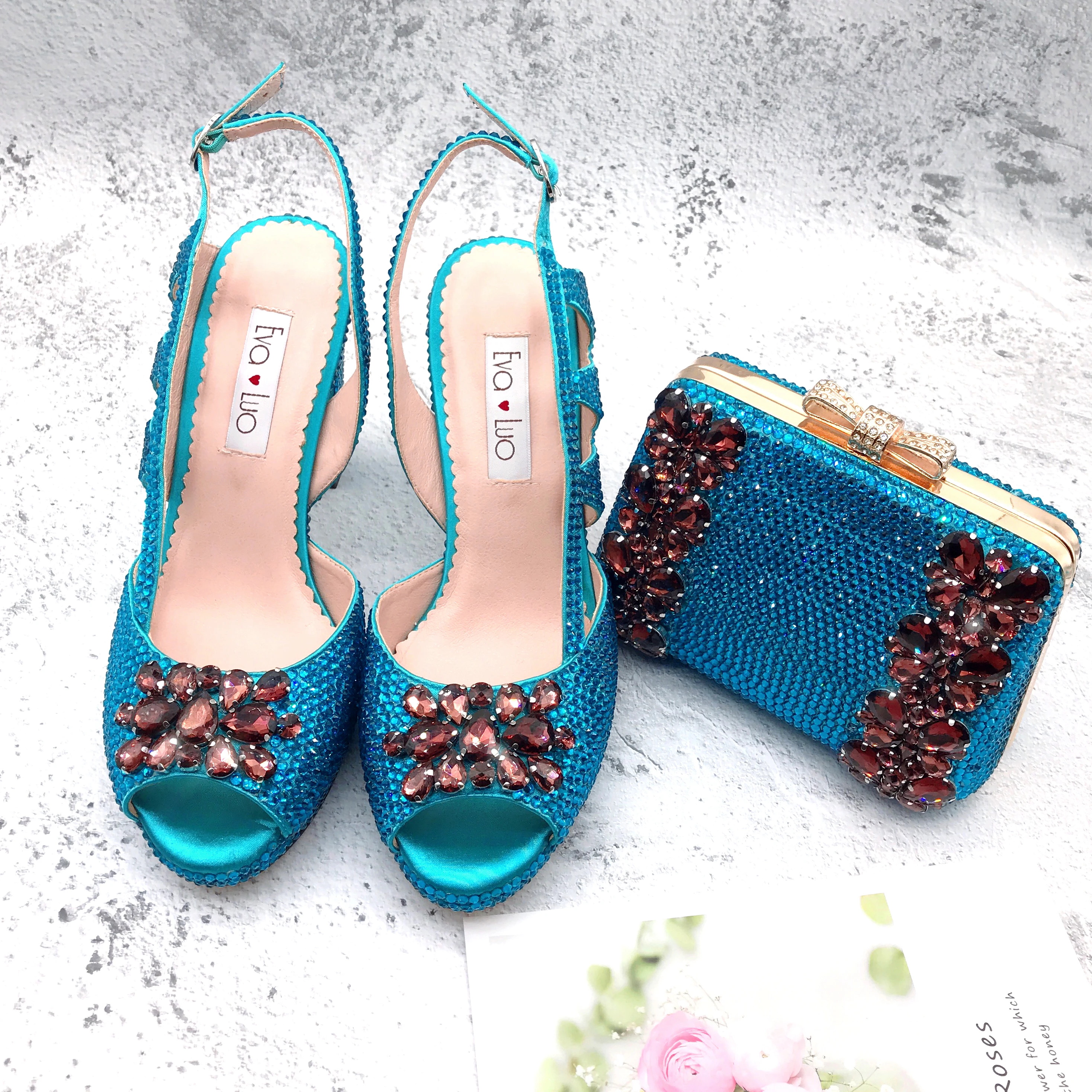 

BS1262 Custom Made Women Shoes High Heel Dress Sandals Turquoise Winered Crystal African Women Shoes With Bag Matching Set