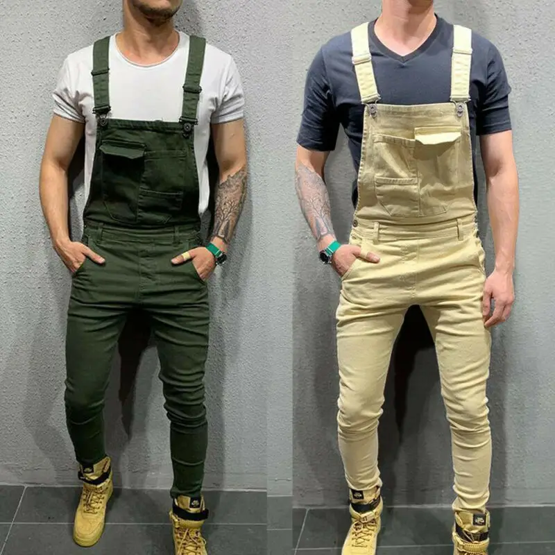 Men Bib Pants Denim Jeans Suspenders Overalls Jumpsuit Straight Skinny Slim Fit Solid Jumpsuits Trousers