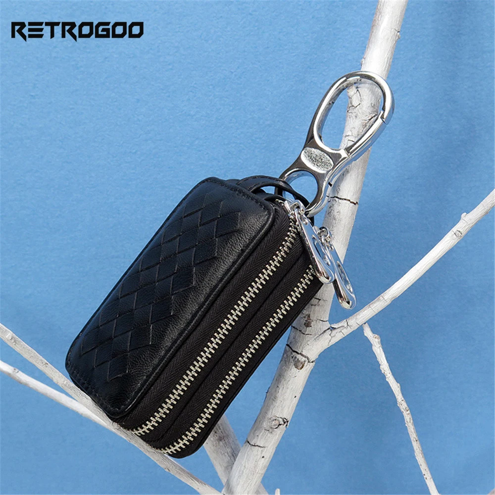 

RETROGOO New Men Genuine Leather Car Key Case Business Knitting Housekeeper Holders Sheepskin Leather Double Zipper Car Key Case