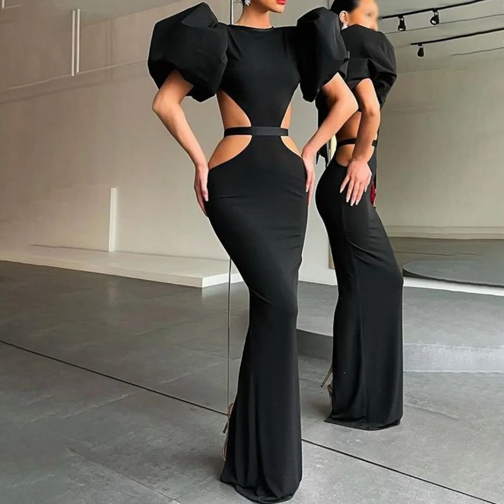 2022 Summer Women\'s Dress Fashion Cut Out Backless Evening Sexy Night Club Party Black Puff Sleeve Celebrity Long Formal Dress