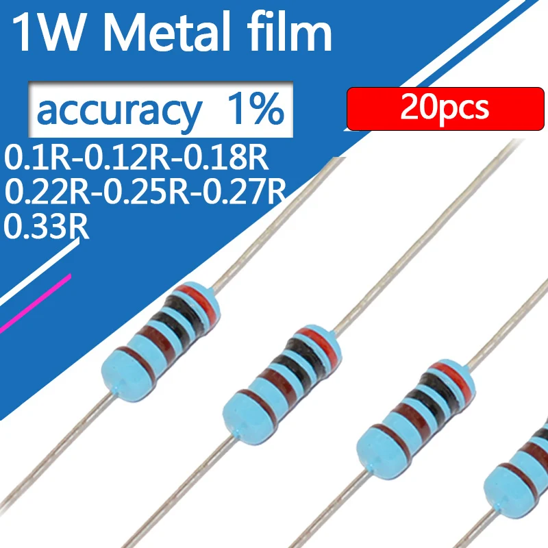 

20pcs 1W Metal Film Resistor 0.1 0.12 0.18 0.22 0.25 0.27 0.33 Ohm Five-color Ring 1% Resistance 0.1R 0.12R 0.18R 0.22R 0.25R