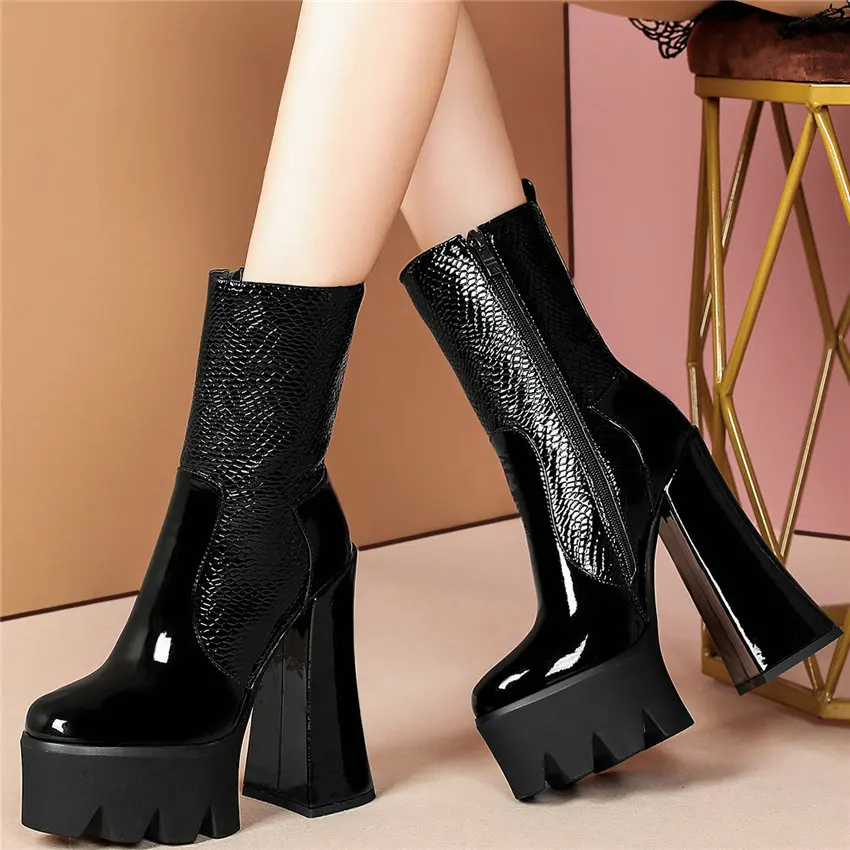 2020 Women Genuine Leather Cuban High Heels Motorcycle Boots Female High Top Round Toe Chunky Platform Pumps Shoes Casual Shoes