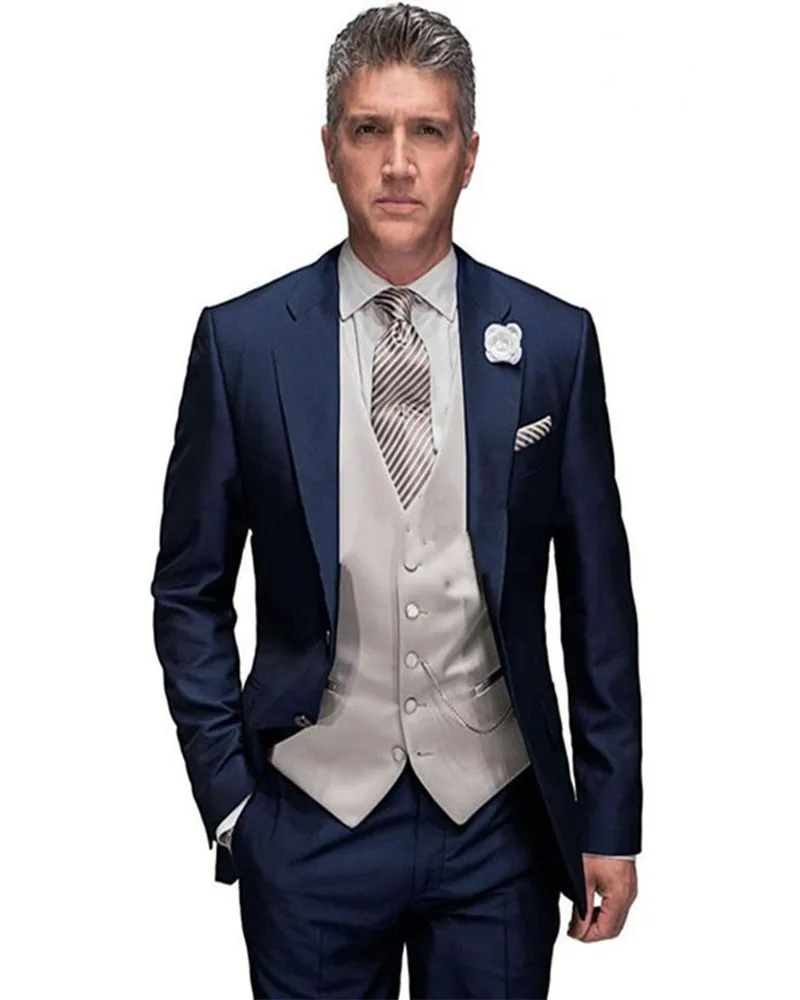 

3pcs New Morning Style Blue Men's Suits Groom Tuxedo Handmade Notch Collar Back Vent Men Formal Prom Suit(Jacket+Pants+Vest+Tie)