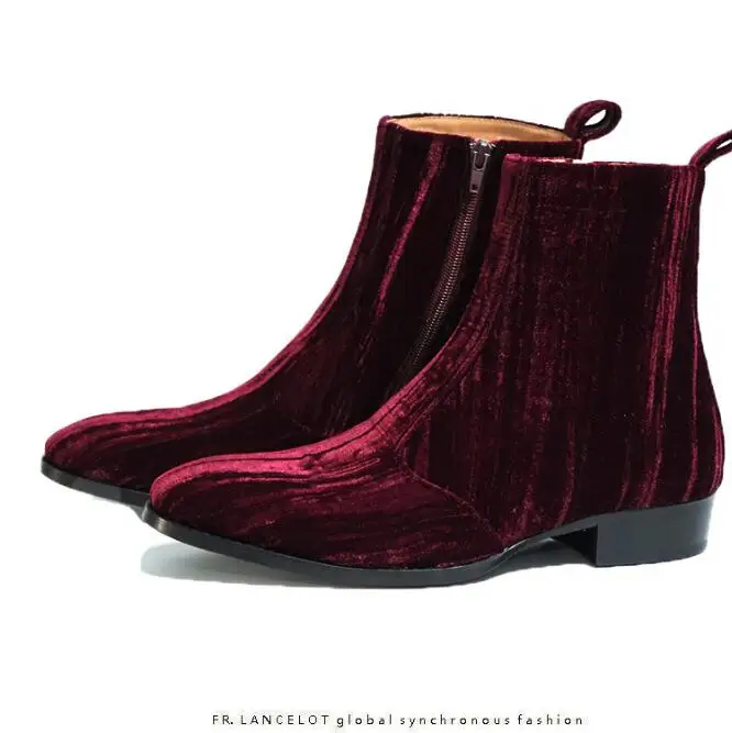 Wine Color Velvet Top Quality Fashion Boy Men Chelsea Boots Ankle Boots Flats Side Zipper Euro size 45 46 shoes women