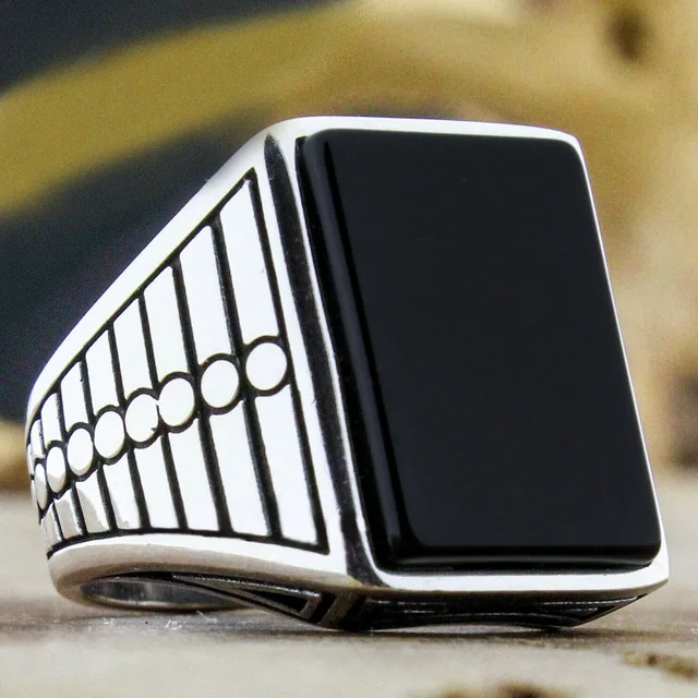 Vintage Geometric Pattern Men Rings Statement Anniversary Jewelry Gift Punk Handmade Black Enamel Zircon Finger Rings