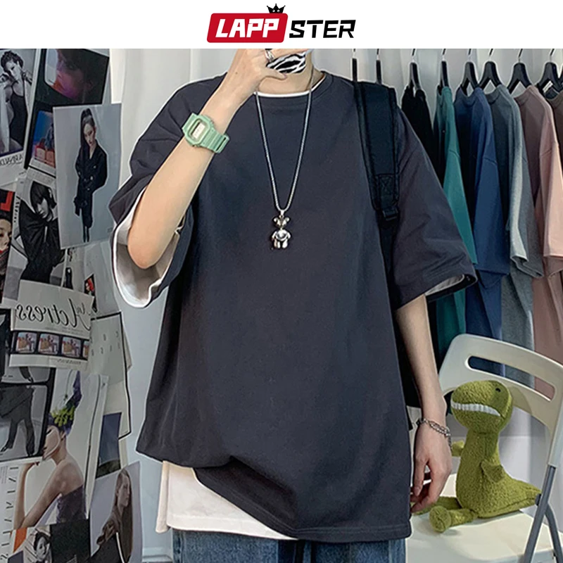 LAPPSTER Men Oversized Streetwear Cotton Colorful T Shirts 2024 Summer Mens Japanese Fashions Harajuku T-Shirt Male Vintage Tees