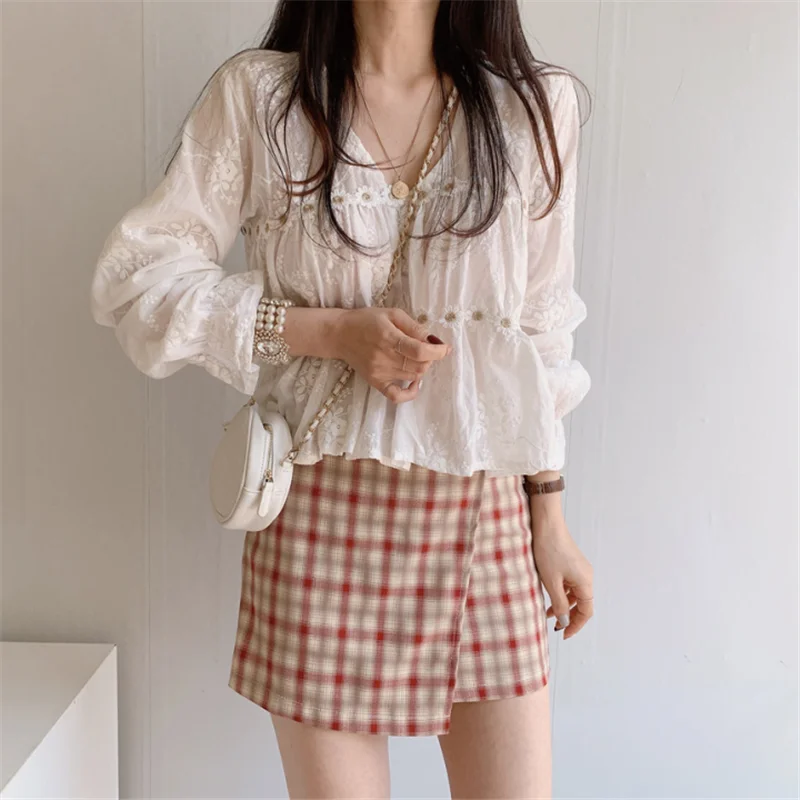 White Blouse Spring Hollow V-Neck Blouse Women Flower Loose Ladies Shirt Korean Sweet Long Sleeve