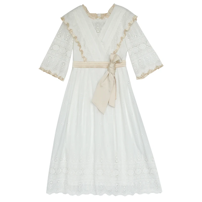 2020 Spring Summer Dress Women Victoria Vintage Elegant Slim Mori Girl Midi Dress Hollow Out Embroidery Cotton Long White Dress