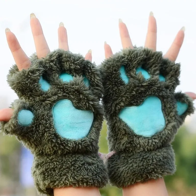 Women Cute Cat Claw Paw Plush Mittens Warm Soft Plush Short Fingerless Fluffy Bear Cat Gloves Costume Half Finger Black Gray