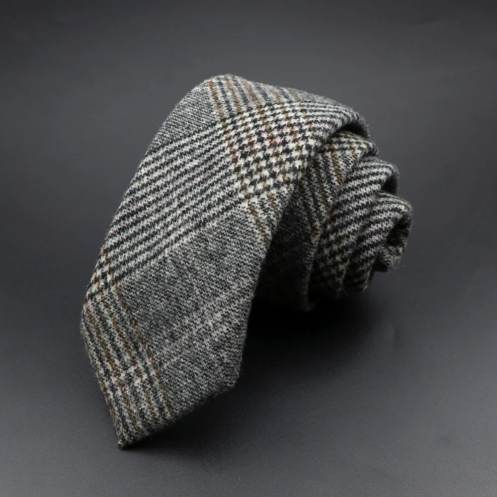 Classic Brown Grey Plaid Striped Wool Necktie Narrow Collar Slim Cashmere Tie For Man Suit Party Casual Accessory Cravat Gift