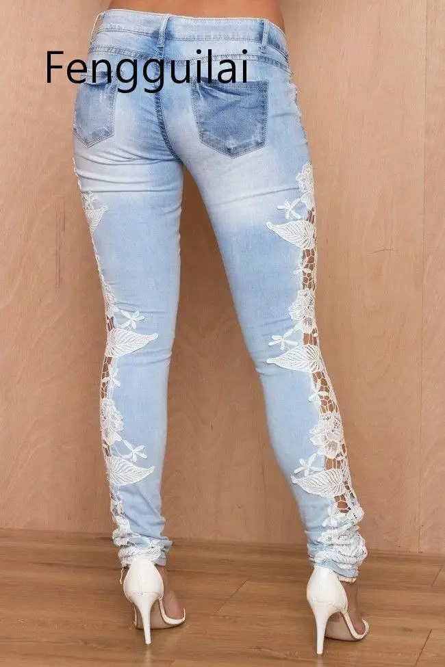 2020 Autumn Women Elegant Sexy Denim Pencil Skinny Jeans Female Fashion  3XL XXXL Lace Floral Crochet Hollow-Out Jeans