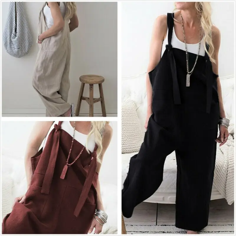 Women\'s Linen Dungarees Harem Strap Pant Loose Jumpsuit Baggy Trousers Overalls