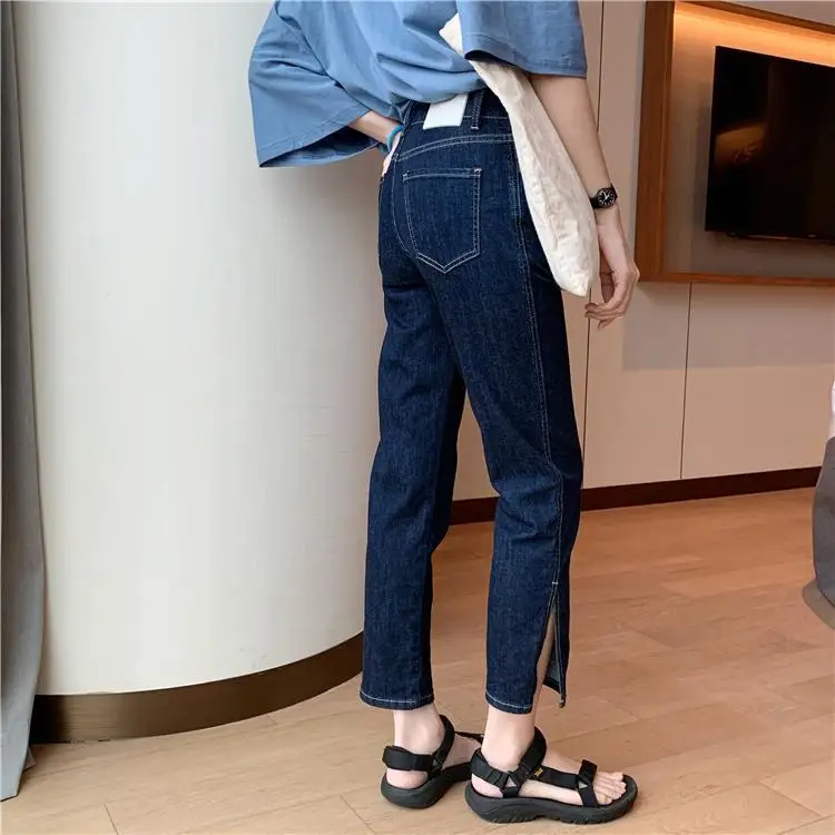 

Женские прямые джинсы-капри с разрезом, осенние брюки, новые корейские облегающие джинсы с высокой талией, женские рваные джинсы, синие джинсы для женщин