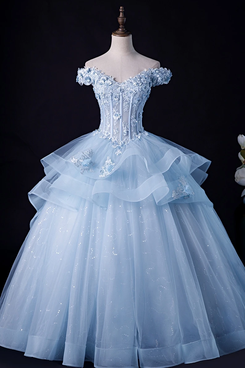 luxury light blue beading flower embroidery ball gown princess/queen Medieval Victorian Ball stage performance/event/studio