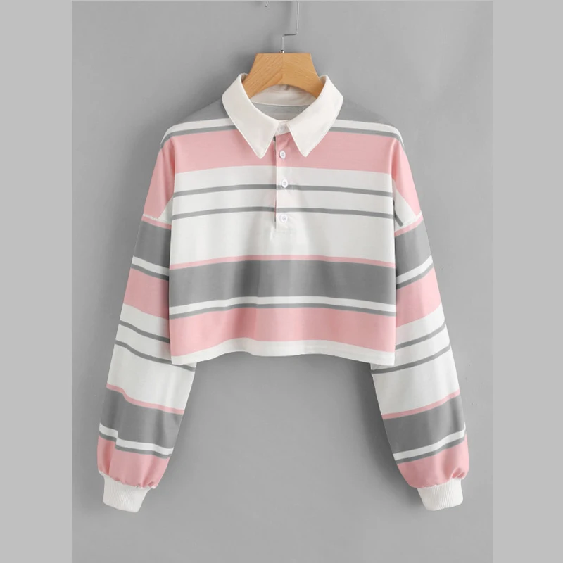 Rainbow Striped Polo Long Sleeve Women T Shirt Autumn Casual Crop Top School Korean Fashion Harajuku Pulovers Oversized Clothing