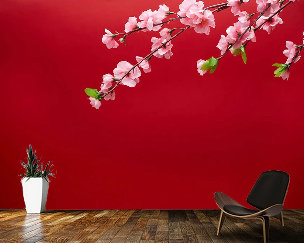 Papel de parede Red background peach blossom Chinese new year wallpaper mural,living room tv wall bedroom wall papers home decor