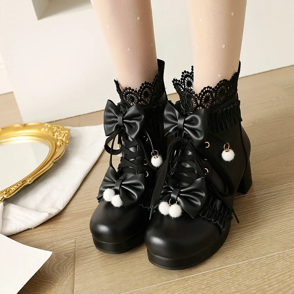 Rosa bianco nero tacco grosso scarpe Lolita nodo a farfalla pizzo cavo donna Cosplay principessa corte stivaletti invernali Vintage